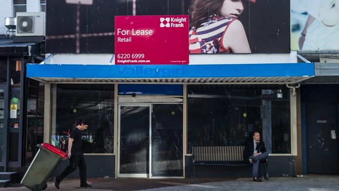 A For Lease sign is displayed above a retail store in Hobart, Tasmania on 21 September