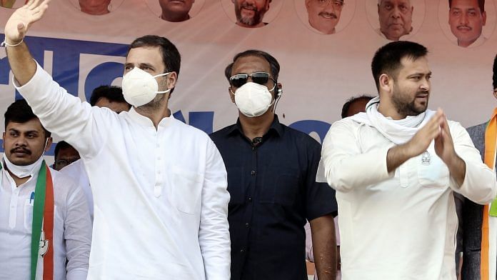 Congress leader Rahul Gandhi and RJD leader Tejashwi Yadav during an election rally in Nawada Friday. | Photo: ANI