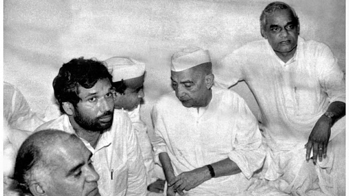 From left to right: Former party members of Janata Party (Secular) Ram Vilas Paswan, former PMs Chaudhary Charan Singh and Atal Bihari Vajpayee | Photo: Praveen Jain