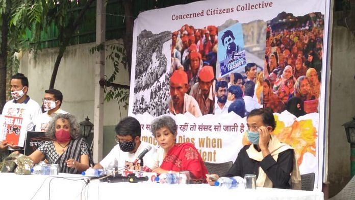 (From left to right) Arundhati Roy, Nadeem Khan, Nivedita Menon and Yogendra Yadav addressing the press conference at Press Club of India, New Delhi on 22 October | ThePrint Photo | Unnati Sharma