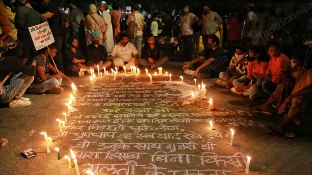 People gather at the Jantar Mantar to demand justice for the Hathras 'gang-rape' and murder victim, on 2 October | Manisha Mondal | ThePrint