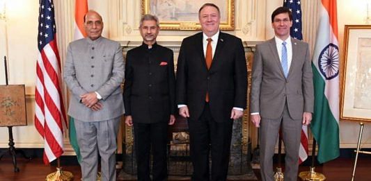 A file photo of Defence Minister Rajnath Singh, External Affairs Minister S. Jaishankar, US Secretary of State Michael Pompeo and US Secretary of Defense Mark Esper at the 2+2 dialogue in Washington in December 2019. | Photo: ANI
