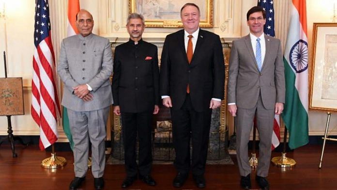 A file photo of Defence Minister Rajnath Singh, External Affairs Minister S. Jaishankar, US Secretary of State Michael Pompeo and US Secretary of Defense Mark Esper at the 2+2 dialogue in Washington in December 2019. | Photo: ANI