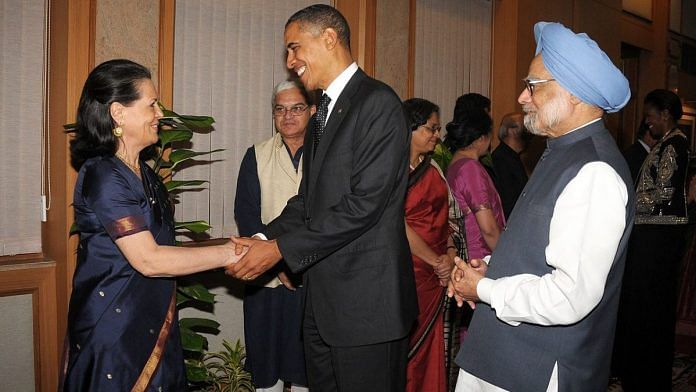 Former US president Barack Obama (centre) with then Congress president Sonia Gandhi (left) and then Prime Minister Manmohan Singh during his visit to India in 2010 | Wikimedia commons