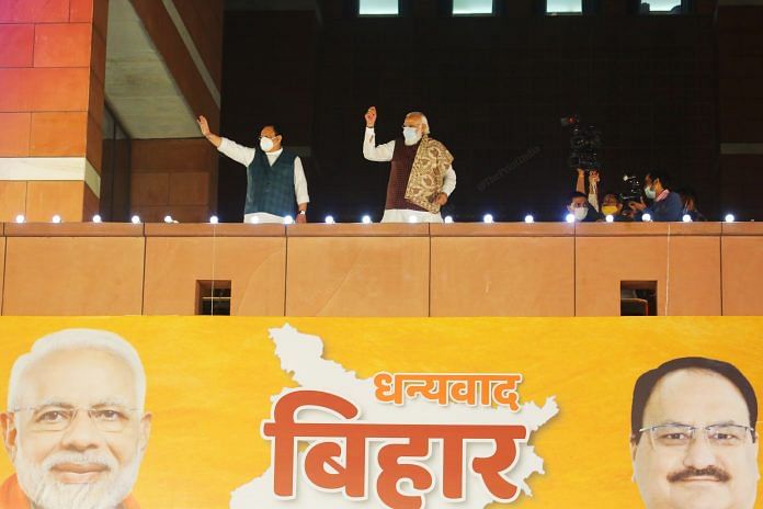 Latest news on Bihar elections | ThePrint BJP President J.P. Nadda left) and PM Narendra Modi right) addressing the crowd | Photo: Praveen Jain | ThePrint