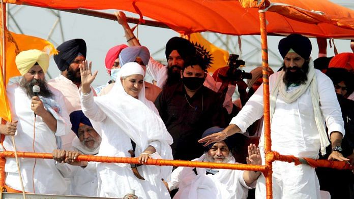 File image of Bibi Jagir Kaur (centre, in white) with other Shiromani Akali Dal leaders including president Sukhbir Singh Badal (seated) | Photo: ANI