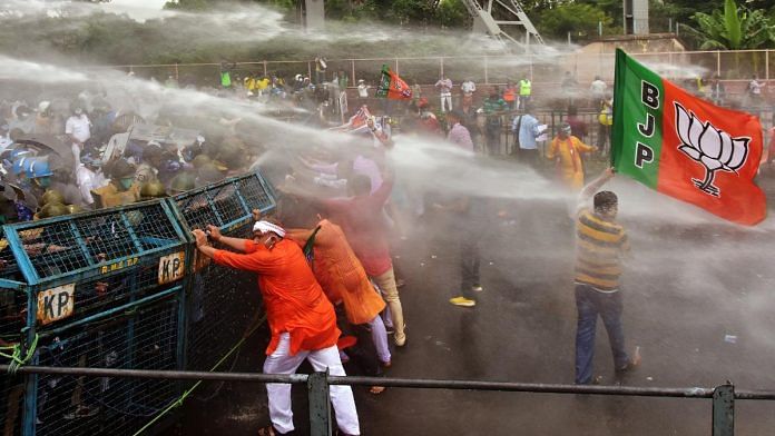 Kolkata Police use water cannons during a protest last month by BJP workers against alleged killings of party workers in West Bengal | ANI