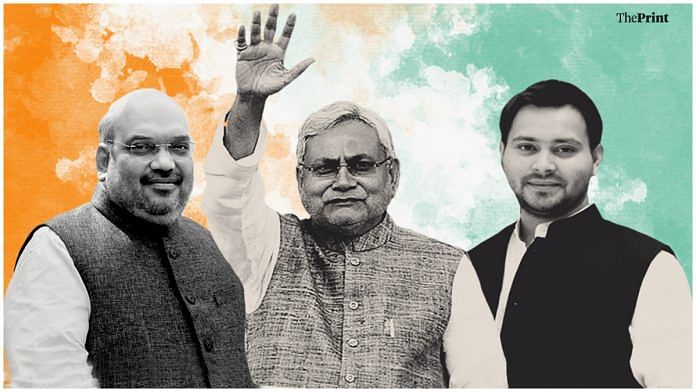 (L-R) Amit Shah, Nitish Kumar and Tejashwi Yadav | ThePrint Team