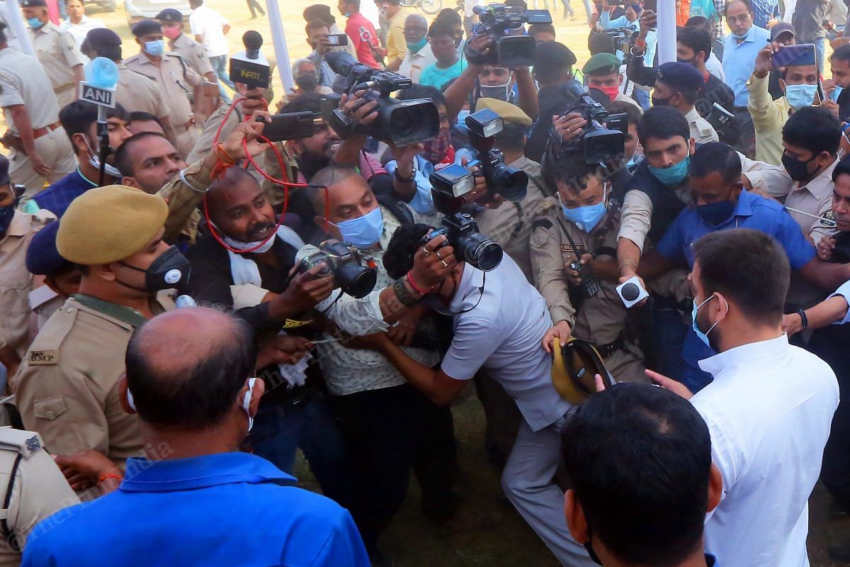Surrounded by media RJD leader Tejashwi Yadav | Photo: Praveen Jain | ThePrint