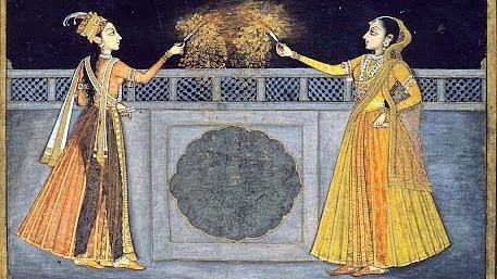 A Mughal painting depicting women celebrating Diwali with sparklers | Commons