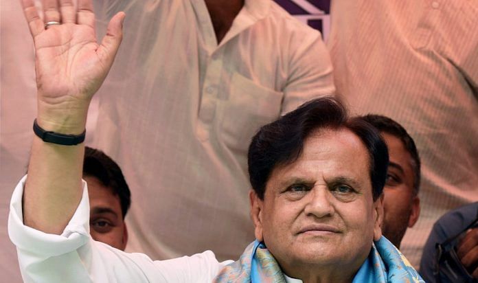 In this file photo dated 10 Aug 2017, newly-elected Congress Rajya Sabha member Ahmed Patel waves to Youth Congress members in New Delhi | Manvender Vashist/PTI