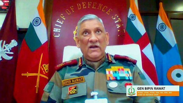 Chief of Defence Staff General Bipin Rawat addresses the National Defence College diamond Jubilee webinar, in New Delhi on 6 November 2020 | ANI