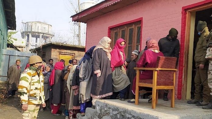 ITBP personnel securing polling booths during the first phase of District Development Council elections in Bandipora, Jammu and Kashmir | Twitter | @ITBP_official