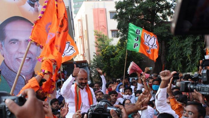 BJP workers celebrate the party’s bypoll at Dubakka in Telangana | Twitter: @BJP4Telangana