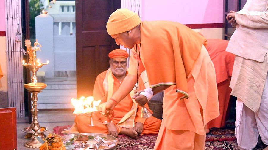 UP CM Yogi Adityanath at Gorakhnath Temple | Twitter/@GorakhnathMndr