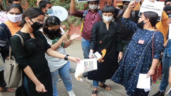 A protest march held by student organisations near LSR, Delhi, last week after Aishwarya Reddy's suicide | Manisha Mondal | ThePrint