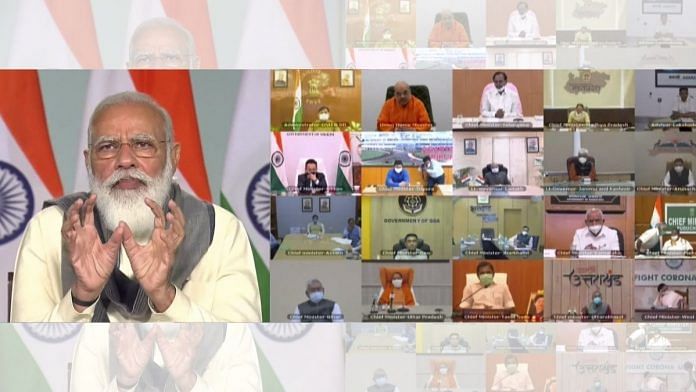 PM Narendra Modi holds a virtual meeting with CMs of high-burden Covid states on 24 November 2020. Home Minister Amit Shah is also present | Screenshot