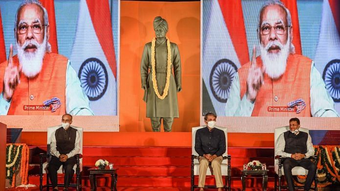 PM Narendra Modi virtually addresses a gathering after unveiling the statue of Swami Vivekananda at Delhi's Jawaharlal Nehru University | Photo: PTI