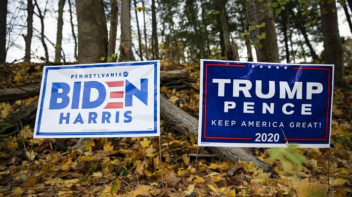 Campaign signs in support of Joe Biden and President Donald Trump in Pittsburgh, Pennsylvania
