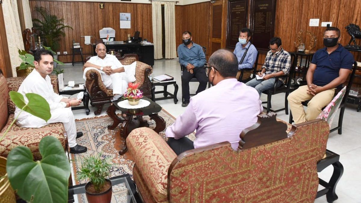 Leaders of five Bru organisations and Pradyot Manikya (left), scion of the Tripura royal family, at the 23 October meeting with Tripura Governor Ramesh Bais | By special arrangement 