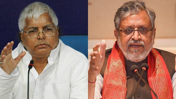 RJD chief Lalu Prasad Yadav (left) and former Bihar deputy CM Sushil Kumar Modi of the BJP | File photos: Wikipedia and PTI