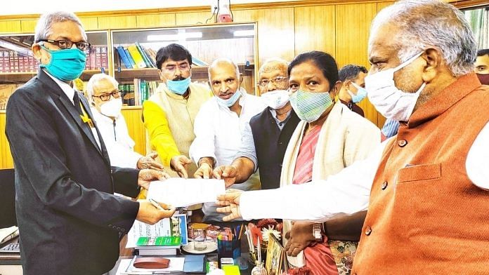 BJP leaders filing the Vijay Kumar Sinha's nomination papers for the post of assembly speaker at the Bihar secretariat in Patna. | Photo: Twitter/@tarkishorepd