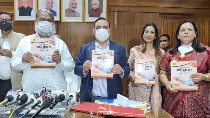 (From left) Haryana Health Minister Anil Vij and Additional Chief Secretary and Principal Secretary, Health, Rajeev Arora release the sero survey in Chandigarh on 2 November | By special arrangement