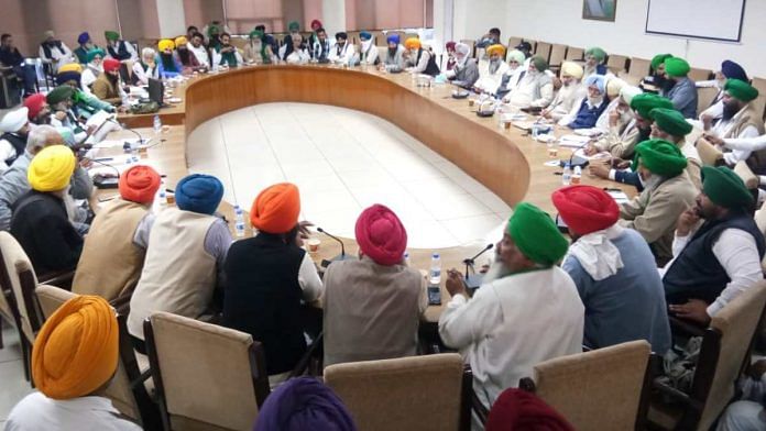 Members of a conglomerate of 30 farmer unions during a meeting in Punjab on 18 November 2020 | By special arrangement