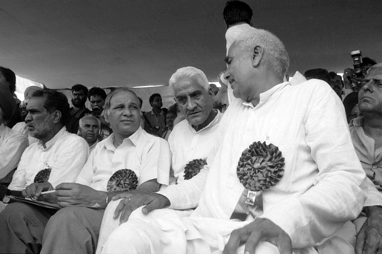 (From left to right) Former PM Chandra Shekhar Singh, BSP founder Kanshi Ram, former CM of Haryana Hukam Singh and former CM of Haryana Om Prakash Chautala| at a rally in Boat ClubPhoto: Praveen Jain | ThePrint