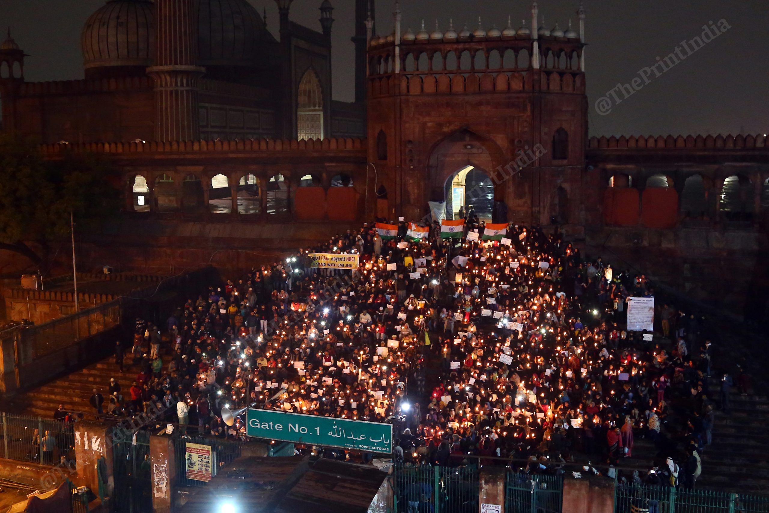 Anti-CAA protestors gathered at Jama Masjid with candles | Photo: Suraj Singh Bisht | ThePrint