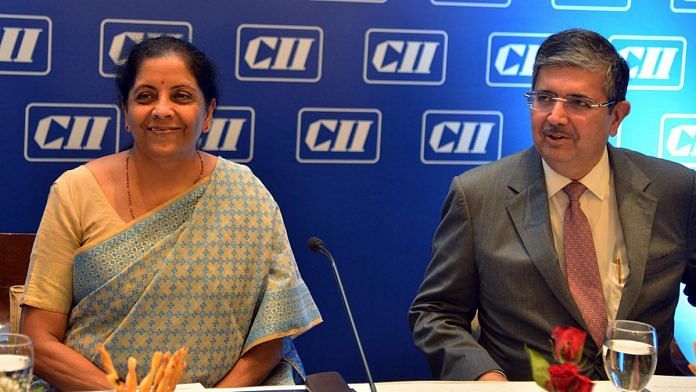Finance Minister Nirmala Sitharaman with CII chief Uday Kotak | File photo: ANI