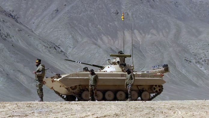 Representational image of an Indian Army tank and personnel in Ladakh | File photo: ANI