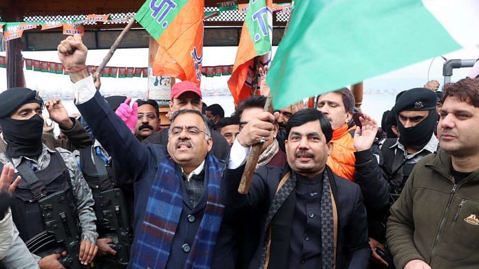 Senior BJP leader Shahnawaz Hussain (front row, second from right) on the J&K DDC poll campaign trail in Srinagar | Photo: ANI