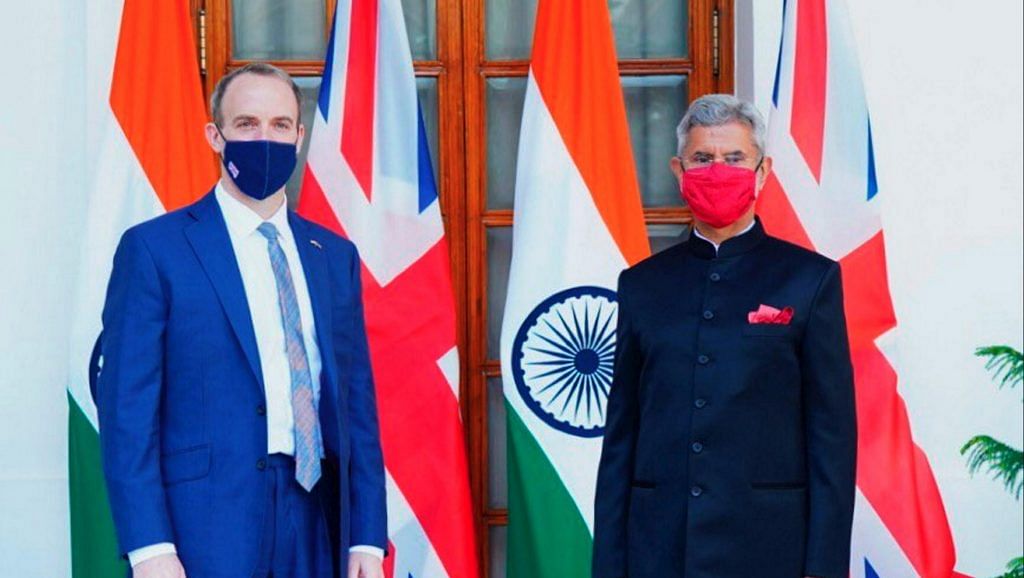 External Affairs Minister S Jaishankar with his British counterpart Dominic Raab in New Delhi | PTI