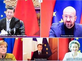 Chinese President Xi Jinping, European Council President Charles Michel, German Chancellor Angela Merkel, French President Emmanuel Macron, and European Commission President Ursula von der Leyen during an EU-China leaders' meeting via video conference | Twitter: @vonderleyen