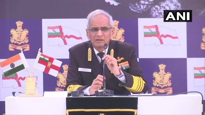 Navy Chief Admiral Karambir Singh addressing a press conference | Twitter/ANI