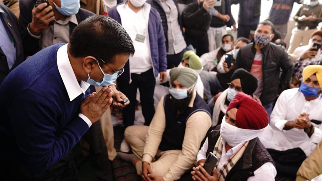 Representational image | Delhi CM Arvind Kejriwal with farmers at the Singhu border during the agitation against the farm laws | Twitter/@ArvindKejriwal