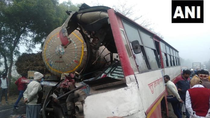 Uttar Pradesh Roadways bus collided with a gas tanker due to reduced visibility caused by fog | Twitter/ANI