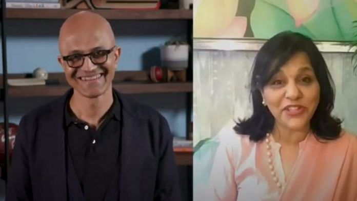 Satya Nadella (left) and Dr Sangita Reddy during the virtual 93rd Annual General Meeting of FICCI | YouTube | FICCI India