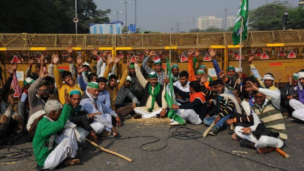 Farmers protest at the Delhi-Noida border, on 2 December 2020 | Suraj Singh Bisht | ThePrint