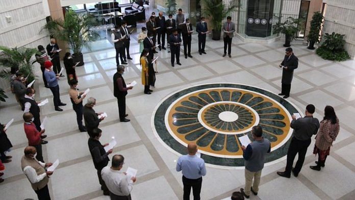 Ambassador Vikram Misri administering a pledge to all India-based officers and staff on the occasion of Rashtriya Ekta Diwas on 31 October at the Embassy of India in Beijing | Twitter | EOIBeijing