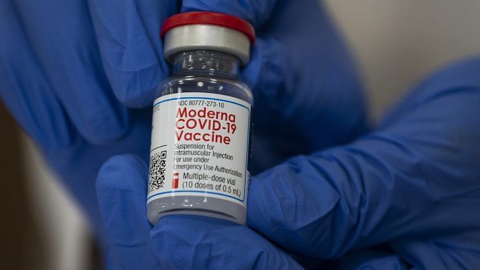 A vial of Moderna Covid-19 vaccine at Long Island Jewish Valley Stream hospital in Valley Stream, New York
