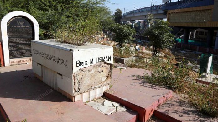 The damaged grave of Brigadier Mohammad Usman near Jamia Millia Islamia Metro Station in Delhi, on 28 December 2020 | Manisha Mondal | ThePrint