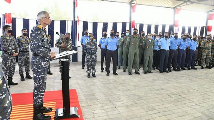 Chief of Naval Staff Admiral Karambir Singh at the Naval Air Station in Campbell Bay, Great Nicobar Island, on 13 November 2020. Photo: Twitter/@SpokespersonMoD
