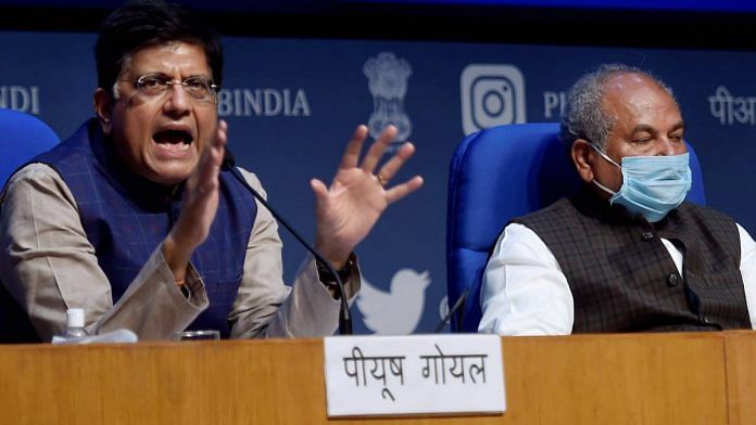Commerce Minister Piyush Goyal addresses a press conference along with Agriculture Minister Narendra Singh Tomar, in New Delhi, on 10 December 2020 | Kamal Singh | PTI