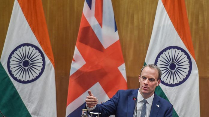 British Foreign Secretary Dominic Raab at a joint press statement in New Delhi on 15 December | PTI Photo | Manvender Vashist