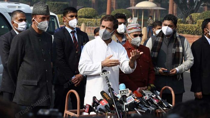 Congress leader Rahul Gandhi speaking to media outside Rashtrapati Bhawan in New Delhi on 24 December 2020 | Suraj Singh Bisht | ThePrint