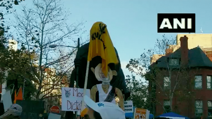 The statue of Mahatma Gandhi at the Mahatma Gandhi Memorial Plaza in front of the Embassy defaced by Khalistani elements on 12 December 2020 | Twitter | ANI
