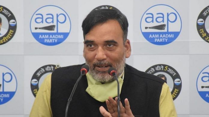 Delhi Irrigation and Flood Control Minister Gopal Rai addressing a press conference on Sunday | Twitter | @AamAadmiParty
