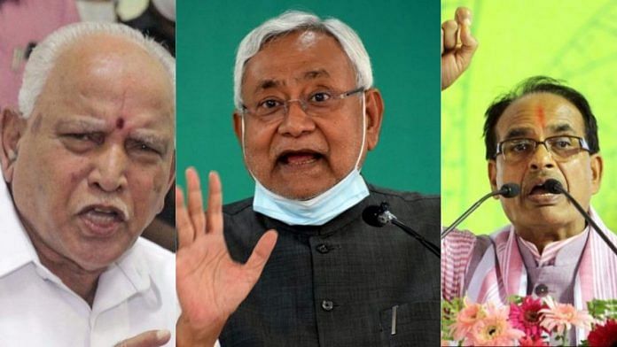 CMs Karnataka CM B.S. Yediyurappa, Bihar CM Nitish Kumar, Madhya Pradesh CM Shivraj Singh Chouhan | ANI and Twitter